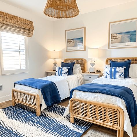 twin woven beds with white and navy bedding with beachy art on the walls Navy Beach Bedroom, Beach Bungalow Bedroom, Coastal Twin Bedroom Ideas, Bay House Decor Ideas, Beachy Kids Room, Beach House Master Bed, 3 Twin Beds In One Room, Twin Bedding Ideas, 2 Twin Beds In Small Room Layout