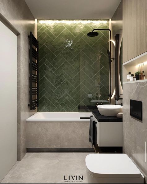 Green Tile Bathtub Surround, Neutral Bathroom With Green Accents, Green Bathroom No Window, New Build Bathroom Ideas Uk, Bathroom Grey And Green, Small Bathroom Bathtub Ideas, Tiled Floor Bathroom, Bathroom Tile Wall Ideas, Green And Beige Bathroom