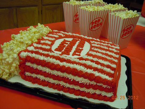 Perfect BAG of POPCORN CAKE. This was for my sons carnival themed party. I actually took a picture from a magazine to my walmart bakery and it turned out better than the picture and better than I could of imagined. Popcorn Theme Cake, Movie Party Cake, Movie Themed Birthday Cake, Walmart Bakery, Birthday Movie Night, Popcorn Theme, Movie Theme Birthday Party, Birthday Movie, Circus 1st Birthdays