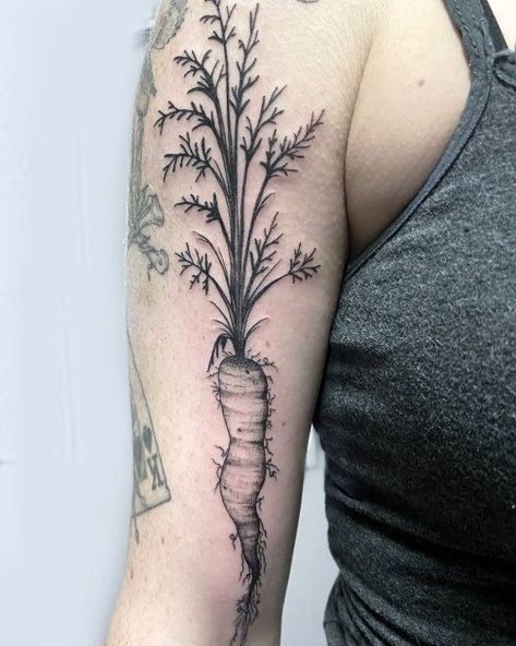 Carrot Tattoo Design, Veggie Tattoo, Vegetable Tattoos, Carrot Tattoo, Vegetable Tattoo, Vegetable Design, Black Ink Tattoos, Vintage Tattoo, Best Black