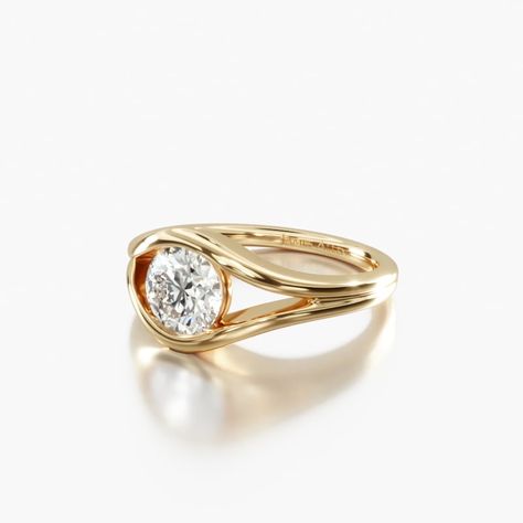 18K Yellow Gold Oculus Solitaire Engagement Ring. Solitaire Womens Gold Engagement Rings, Unique Gold Diamond Ring, Engagement Rings Swirl, Princess Bezel Ring, Tension Wedding Rings, Bezel Gemstone Engagement Ring, Curved Wedding Rings, Silver Moissanite Ring, Low Set Round Engagement Ring