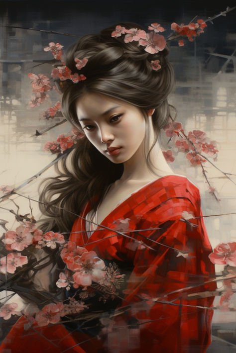 Japanese Geisha Art, Sakura Cherry Blossoms, Traditional Kimono Illustration, Modern Digital Artwork, Asian Culture Fine Art, Red Kimono Geisha, Tranquil Beauty Canvas Print, Japan Inspired Wall Art, Elegant Geisha Portrait, Cherry Blossom Artwork Black Geisha Art, Asian Culture Aesthetic, Kimono Illustration, Japanese Expressions, Japanese Geisha Art, Geisha Portrait, Modern Geisha, Geisha Artwork, Kimono Geisha