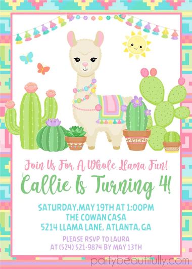 BIRTHDAY PARTY INVITATIONS — Party Beautifully Bear Birthday Party Invitations, Butterfly Birthday Party Invitations, Llama Birthday Party, Butterfly 1st Birthday, Birthday Scrapbook Pages, Beach Party Invitations, Colorful Cactus, Baby Llama, Fiesta Birthday Party