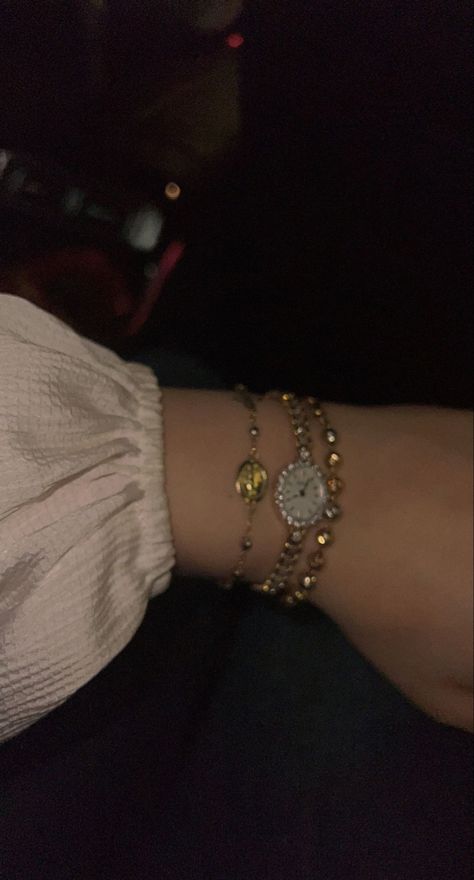 Dainty Gold Watch Aesthetic, Dainty Watch Aesthetic, Gold Watch And Bracelet Stack, Bracelet And Watch Stacking, Gold Watch Stack, Watch Stacked With Bracelets, Gold Dainty Watch, Watch And Bracelet Stack, Watch Bracelet Stack