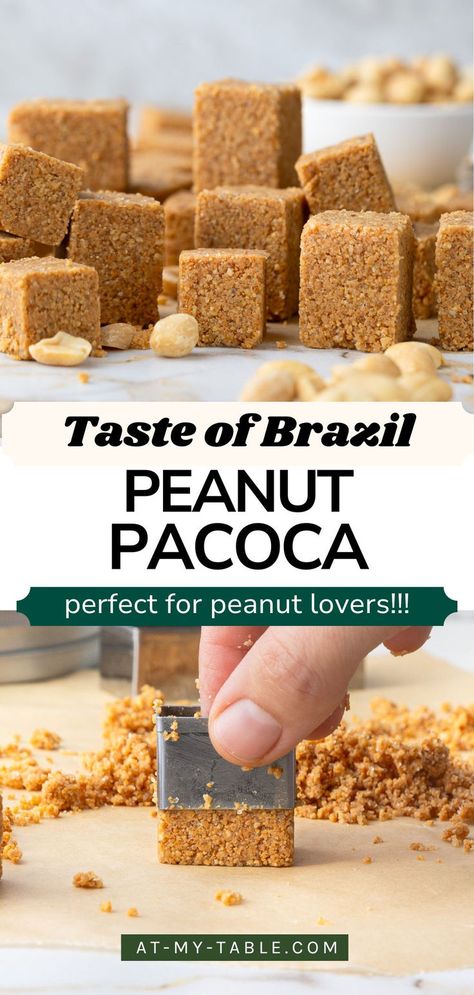 A person shaping Paçoca with a cookie cutter, showcasing the candy’s crumbly peanut texture, perfect for any peanut lover. Easy Brazilian Recipes, Peanut Fudge, Brazilian Recipes, Desserts Around The World, Brazilian Desserts, Peanut Candy, Filipino Foods, Plant Based Desserts, Quick Treats