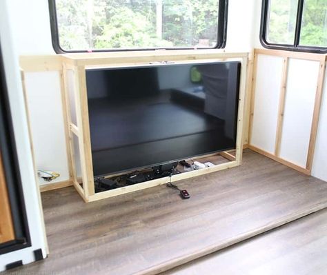 Hidden Tv Mount, Hide Your Tv, Rv Tv, Camper Repair, Tv Lift Cabinet, Airstream Remodel, Camper Trailer Remodel, Tv Lift, Vintage Camper Remodel