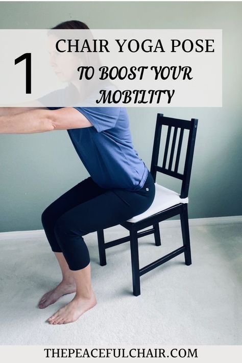 A woman seated in a chair for chair yoga with her arms extended in front of her practicing a modified  chair pose. Chair Pose Variations, Full Body Exercise, Standing Yoga, Simple Chair, Chair Pose Yoga, Body Mechanics, Chair Pose, Chair Exercises, Body Exercise