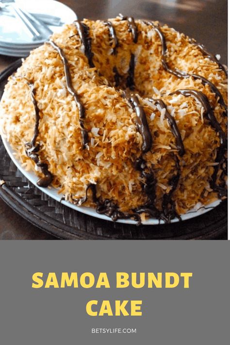 It's like your favorite fundraiser cookie... but in cake form! This rich, decadent, chocolate-y, caramel-y cake form — a Samoa Bundt Cake! Chocolate and brown sugar cake batters, a gooey homemade caramel, and that toasted coconut topping! Insanely good! #betsylife #samoabundtcake #homemadesamoas #bestcakeever Samoa Bundt Cake Recipe, Samoa Bundt Cake, Bundt Cake Chocolate, Samoa Cake, Brown Sugar Cake, Signature Recipes, Brown Sugar Cakes, Best Cake Ever, Buckwheat Cake