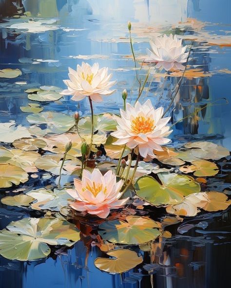 Waterlily Painting, Abstract Floral Artwork, Water Lilies Art, Water Lilies Painting, Pond Painting, Lotus Flower Art, Lotus Painting, Art Nouveau Illustration, Painting Water