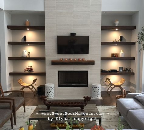 Shelves Beside Tv, Floating Shelves Around Tv, Tv And Fireplace, Shelves Around Tv, Floating Shelves Living Room, Built In Shelves Living Room, Fireplace Shelves, Fireplace Built Ins, Living Room Decor Fireplace