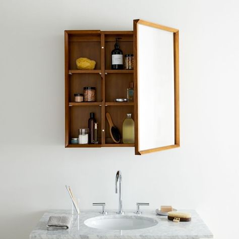 Mid-Century Open Medicine Cabinet With Shelves, White Lacquer, Wood | West Elm Wood Medicine Cabinets, Cabinet With Shelves, Mid Century Bathroom, Open Cabinets, Medicine Cabinets, Medicine Cabinet Mirror, Mirror Cabinets, Stylish Storage, Bathroom Organization