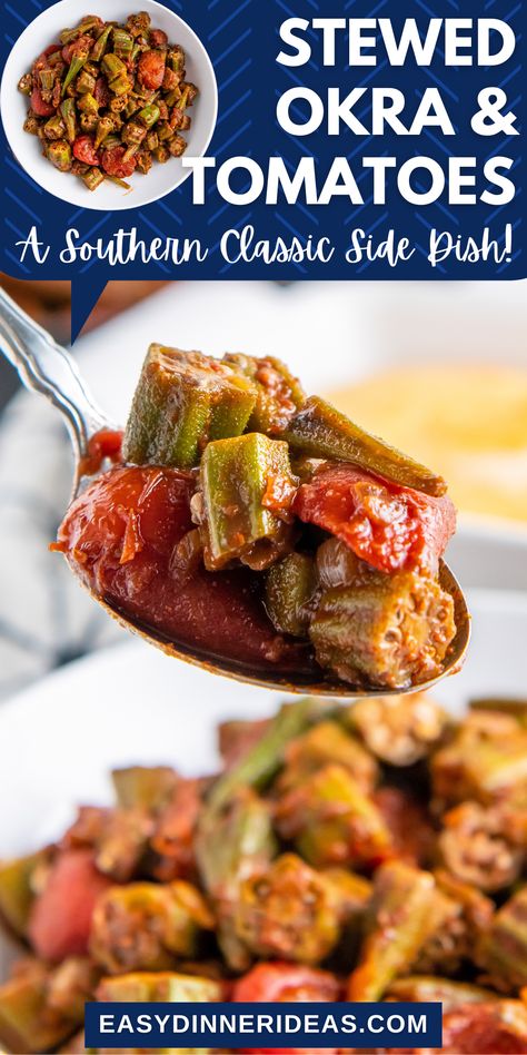 What better way to bring some Louisiana flavors into the kitchen than with this Stewed Okra and Tomatoes recipe? It will quickly become a family favorite. Plus, it has just a few ingredients and only takes 30 minutes to prepare. Stewed Okra Recipes, Stewed Tomatoes And Okra Recipe, Steamed Okra, Stewed Okra And Tomatoes, Okra And Tomato Recipe, Stewed Okra, Sauteed Okra, Southern Sides, Grilled Okra