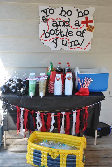 Pirate party drink station Pirate Party Desserts, Pirates Life 4 Me Party, Pirate Bachelorette Party, Pirate Party Decorations Diy, Birthday Party Drink Station, Pirate Pool Party, Pirate Birthday Party Decorations, Pirate Themed Food, Party Drink Station