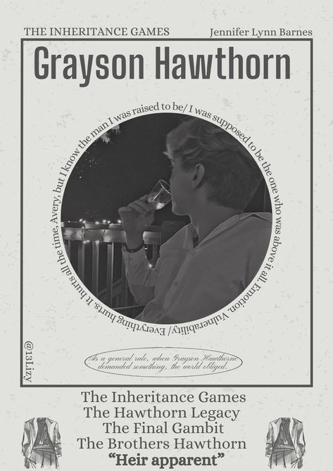 Grayson Hawthorn- the inheritance games- Jennifer Lynn Barnes- book poster Grayson And Avery Grambs, Grayson Hawthorne Wallpaper, The Inheritance Games Poster, The Grandest Game Jennifer Lynn Barnes, Games Untold Jennifer Lynn Barnes, The Inheritance Games Grayson, The Inheritance Games Wallpaper, Grayson Aesthetic, The Final Gambit