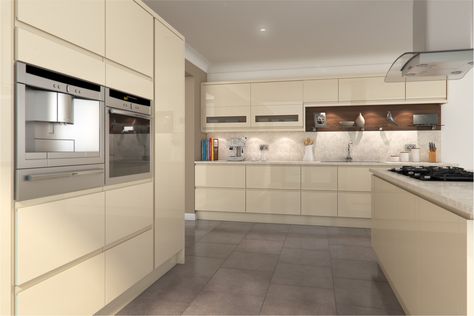 Kitchen Grey Worktop, Cream Kitchen Design, Gloss Cream Kitchen, Annex Kitchen, Cream Gloss Kitchen, Grey Gloss Kitchen, Gloss Kitchen Cabinets, Laminate Kitchen Cabinets, White Gloss Kitchen