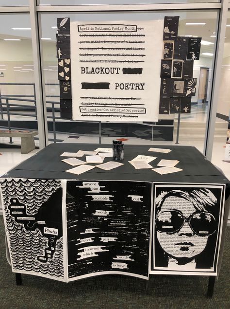 High School Library Displays Ideas, Classroom Library High School, Library Activity Ideas, Library School Ideas, National Poetry Month Library Display, High School Library Decor, May Book Displays, Poetry Library Display, Library Displays Ideas