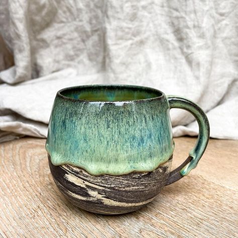 #pottery #ceramicmug #glaze #amaco #lustrousjade #oatmeal #coffeemug #handmadepottery #wheelthrown Marbled Ceramic Mugs, Marbled Clay Pottery, Lustrous Jade Glaze, Marbled Ceramics, Marble Pottery, Carved Mugs, Ceramics Glaze, Ceramics Pottery Mugs, Glaze Combos