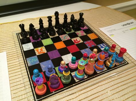 Chess Board Painting Ideas, Clay Chess Board Diy, Creative Chess Board, Chess Clay Diy, Clay Chess Board, Pottery Chess Set Handmade, Pottery Chess Pieces, Class Auction Projects, Class Art Projects