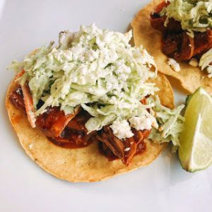 BBQ Pulled Pork Tostadas with Creamy Avocado Slaw • Chef Jen Pulled Pork Tostadas, Slaw For Pulled Pork, Pulled Pork Appetizer, Sweet Pulled Pork, Pork Tostadas, Avocado Slaw, Taco Appetizers, Smoked Pulled Pork Recipe, Tostada Recipes