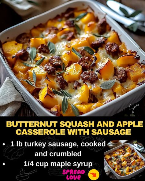 Butternut Squash and Apple Casserole with Sausage Butternut Squash Sausage Recipes, Recipes With Maple Sausage, Butternut Squash Sausage, Apple Casserole, Beef Tips And Noodles, Casserole With Sausage, Butternut Squash Casserole, Butternut Squash Apple, Sausage Ingredients