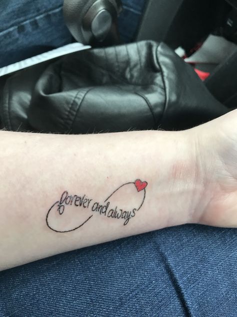 Forever and Always infinity in remembrance of my uncle. With a heart in his favorite color ❤️ Forever And Always Tattoos Infinity, Forever And Always Infinity Tattoo, Forever And For Always Tattoo, Forever And Always Tattoos, Always Tattoos, Infinity Tattoo Meaning, Couple Tats, Infinity Sign Tattoo, Heart With Infinity Tattoo