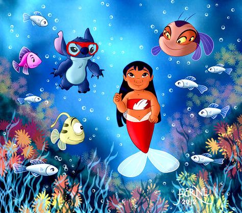 tiny bubbles under the sea Lilo And Stitch 3, Lilo And Stitch 2002, Lilo And Stitch Drawings, Lilo Y Stitch, Stitch Drawing, Lilo Et Stitch, Mermaid Disney, Disney Images, Cute Stitch