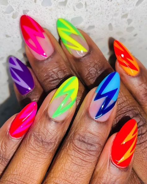 Neon Funky Nails, Funky Neon Nails, Cool Summer Nails Designs, Neon Almond Nails Summer, Summer Nail 2024 Colors, Cute Funky Nails Summer, Bright Colorful Nails, Every Nail Different Design, Colorful Nails Square