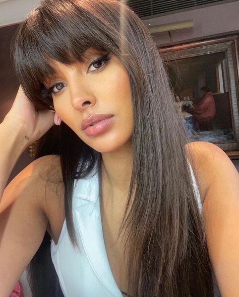 Maya Jama on Instagram: "We named the fringe “Trisha”" Maya Jama Hair, Straight Across Bangs Long Hair, Hair Fringe Styles, Bangs Hair Color, Heavy Bangs, Island Hair, Hair Toppers For Women, Fringe Styles, Heavy Fringe