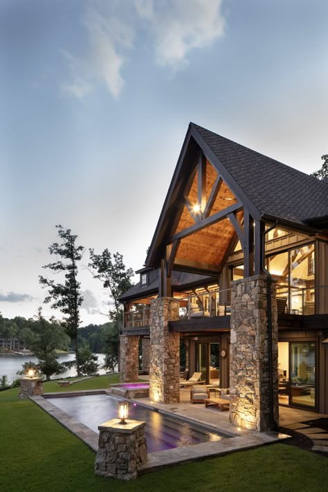 Exterior Truss Photos, Post and Beam, Accent Truss, Timber Frames Timber Frame Homes Exterior, Stone Lake House, Rustic Contemporary Home Exterior, Lake Homes Exterior, Great Room Beams, Post And Beam Interiors, Lakehouse Plans, Timber Frame Houses, Post And Beam Homes