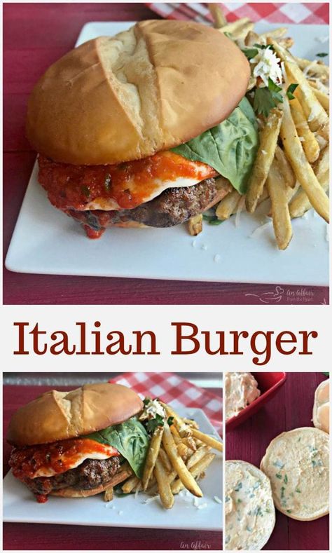 Italian Sausage Burgers, Hamburger And Mozzarella Recipes, French Bread Cheeseburger, Italian Burgers Ground Beef, Italian Beef Sandwiches With Deli Meat, Mozzarella Stuffed Burgers, Italian Burger, Sausage Burgers, Beef Burgers