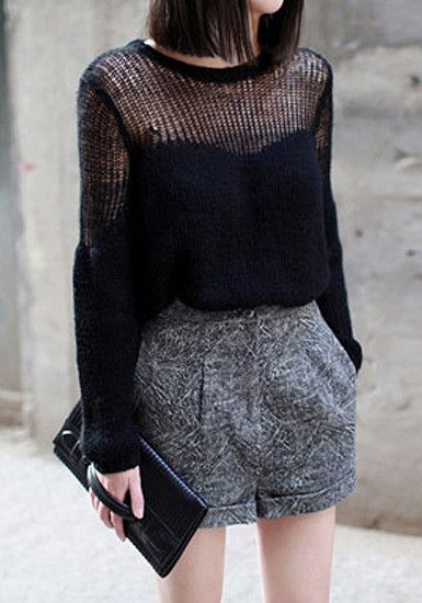 Black Knitted Sweater, Sheer Knit, Black Knit Sweater, Looks Street Style, Open Weave, Mode Inspiration, Knit Fashion, Looks Style, Outfit Set