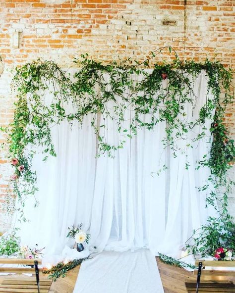 white draped wedding backdrop with draped greenery White Drapes Wedding, Wedding Arch Greenery, Draping Wedding, Photo Backdrop Wedding, Wedding Arbour, White Drapes, Flower Wall Backdrop, Wedding Ceremony Backdrop, Spring Wedding Colors