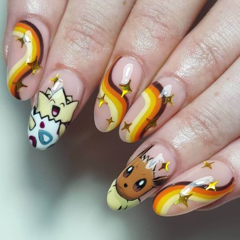 Eevee Nail Art, Eevee Nails, Pokemon Nails Designs, Nail Art Cartoon Characters, Pikachu Nail Art, Kitty Claws Nails, Pokemon Nail Art, Pikachu Nails, Pokemon Nails