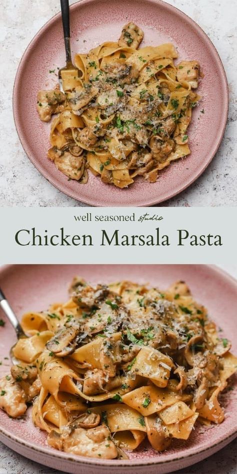 Non Pasta Italian Dishes, Pasta Dishes For Dinner Party, Italian Meals For Two, Marsala Pasta Recipe, Papperadelle Pasta Recipes, Chicken Marsala With Pasta, Italian Chicken Dinner Recipes, Chicken Thigh Pasta Recipes Easy, Marsala Chicken Pasta