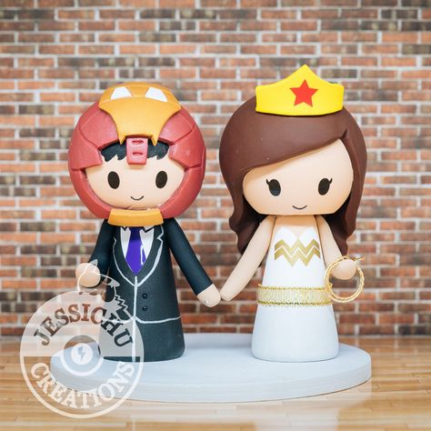 Ironman Groom and Wonder Woman Bride Inspired Custom Made Figurine Wedding Cake Topper Iron Man Wedding, Wonder Woman Batman, Marvel X Dc, Wedding Cake Topper Figurines, Weddings Idea, Iron Woman, Custom Wedding Cake Toppers, Custom Wedding Cakes, Women Bride