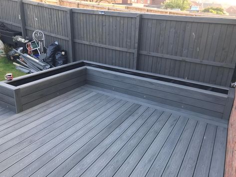 Decking Raised Beds, Composite Deck Planter Boxes, Raised Composite Decking Ideas, Composite Decking Raised Garden Bed, Decking Planters, Garden Storage Box, Composit Deck Storage Bench, Deck Planters, Composite Decking