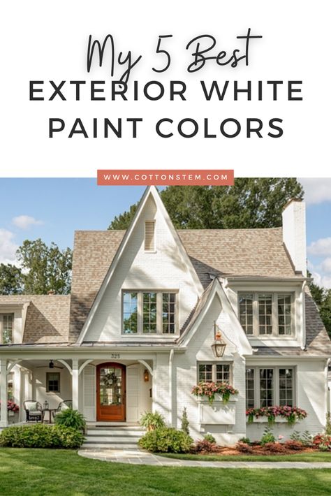 Best Exterior Creamy White Paint, Stucco White Exterior, House Painted White Exterior, White House Renovation, White Traditional Home Exterior, 4 Color Exterior Paint Schemes, Roof Color For Cream House, White Exterior Paint Colors For House Modern Farmhouse, Creamy White Siding Exterior