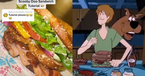 Scooby Doo Sandwich Recipe, Scooby Doo Recipes, Shaggy Sandwich, Scooby Doo Sandwich, Scooby Snacks Recipe, Sandwich Tiktok, Scooby Snax, Ham Sandwich, Muenster Cheese