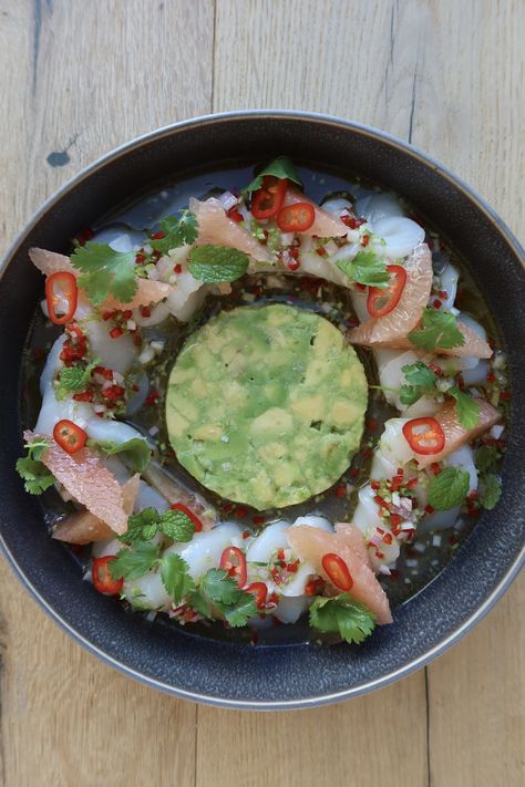 Scallop & Pomelo Crudo — REILLY MEEHAN Scallop Crudo, Fresno Chili, Flakey Salt, Embrace It, Lime Zest, Mint Leaves, Serving Dishes, The Sweet, Cilantro