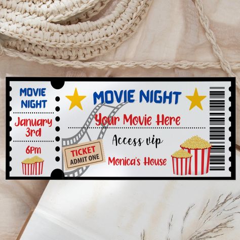 Movie Night Ticket Flat Card Diy Movie Tickets, Movie Night Tickets, Movie Ticket Invitations, Ticket Design Template, Cinema Party, Movie Night Invitations, Birthday Surprises For Him, Movie Night Theme, Night Theme