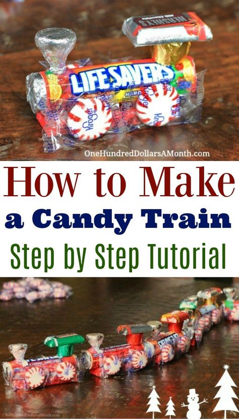 How To Make A Candy Train - Easy Kids Christmas Crafts - One Hundred Dollars a Month Christmas Crafts Candy, Easy Kids Christmas Crafts, Candy Train, Easy Kids Christmas, Crafts For Gifts, Christmas Candy Crafts, Old School Candy, Diy Christmas Candy, Kids Christmas Crafts Easy