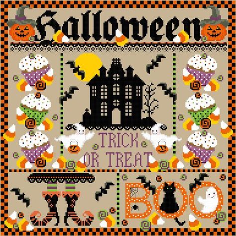 Quilt Halloween, Halloween Cross Stitch Charts, Fall Cross Stitch, Sampler Cross Stitch, Stitch Halloween, Stitching Ideas, Halloween Cross Stitch Patterns, Halloween Cross Stitches, Boo Crew