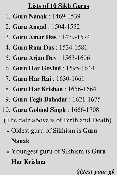 In this post we have given the list of 10 Gurus of Sikhism. Our post is full of amazing gk. If you like to read and improve your gk, then you must FOLLOW our page @test your gk . LIKE . SHARE . COMMENT . #gk #upscgkquiz #generalknowledge #worldgk #facts #gkinenglish #gkquiz #gkindia #gkmcq #generalknowledgequiz 10 Gurus Of Sikhs, 10 Gurus, Study Timetable Template, Upsc Aspirant, India Gk, History Infographic, Exam Study Tips, Indian History Facts, Ssc Cgl