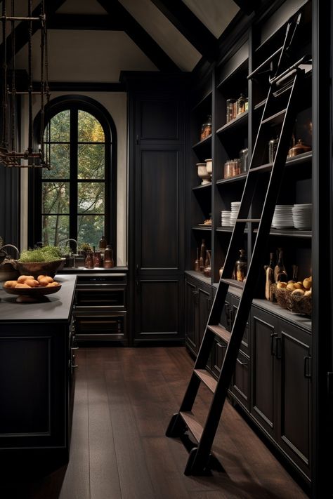 Pantry Design Ideas| Pantry Design Walk In| Pantry Design Ideas Walk In Goth Pantry, Gothic Pantry, Moody Pantry, Dream Pantry Walk In Luxury, Walk In Pantry Design, Dream Pantry Walk In, Dark Pantry, Black Pantry, Small Walk In Pantry