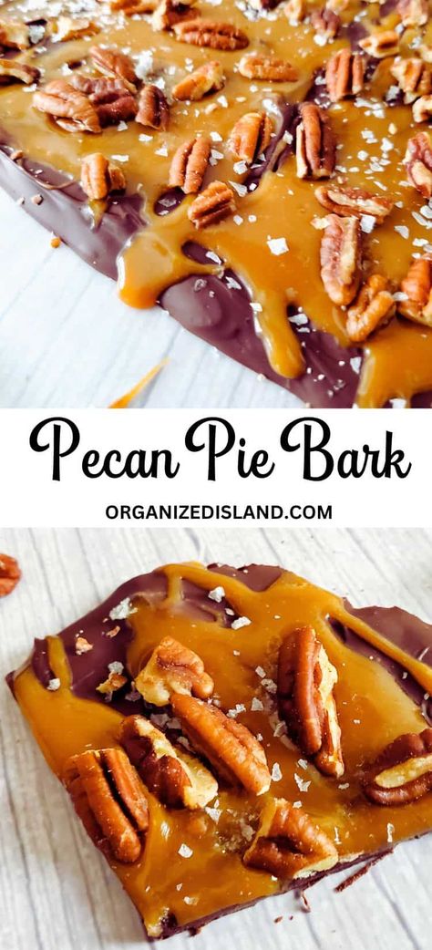 Chocolate Pecan Caramels, Carmel Pretzel Bark, Fall Bark Candy, Fall Bark Recipes, Thanksgiving Candy Treats, Candy Pecans Recipe Easy, Fall Candy Ideas, Fall Candy Recipes, Choclate Bark