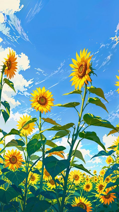 ⁀➷ Wallpaper ✪ Sunflower Drawing, Ghibli Artwork, Desktop Wallpaper Art, Sunflower Wallpaper, Flower Art Images, Nature Art Painting, Anime Scenery Wallpaper, Art Icon, World Art