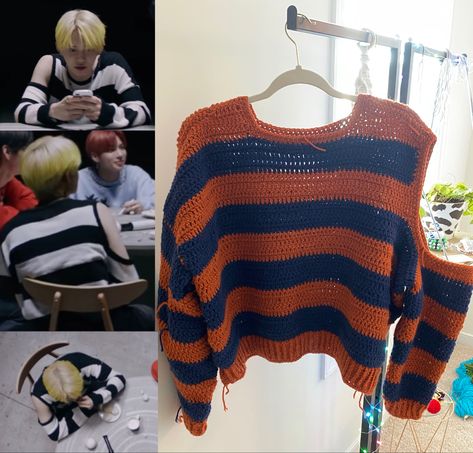 #txt #txtbighit #yeonjun #crochet #eternity K Pop Crochet Clothes, Kpop Knitted Outfit, Crochet Projects For School, Kpop Crochet Clothes, Txt Crochet Ideas, Kpop Crochet Outfits, Crochet Kpop Ideas, Crochet Masculine, Txt Crochet