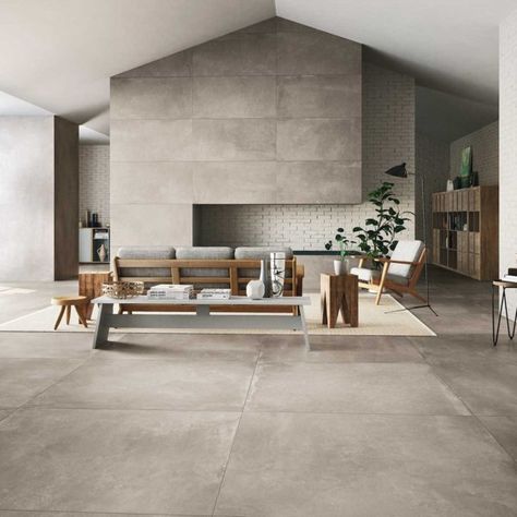 Cooperative Urban Concrete | Floor-SILVER-Natural-48×48-Rect—Wall-SILVER-Natural-24×48-Rect-Scene-6 Concrete Floors Living Room, Tiles Living Room, Living Room Tiles, Floor Edging, Large Tile, Large Format Tile, Concrete Tiles, Living Room Flooring, Room Flooring