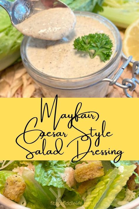 jar of Mayfair caesar style sadad dressing with bowl of salad Mayfair Dressing Recipe St Louis, Grilled Chicken Salads, Lettuce Salads, Garlic Salad Dressing, Dressings Recipes, Anchovy Recipes, Mediterranean Salad Recipe, Perfect Health Diet, Chicken Salads