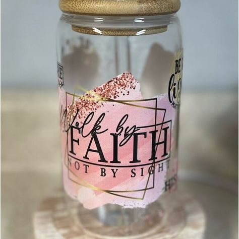 Walk by Faith glass tumbler Glass Straws, Walk By Faith, Walking By, Glass Tumbler, Made By Me, Love This, Straw, Tumbler, Wood